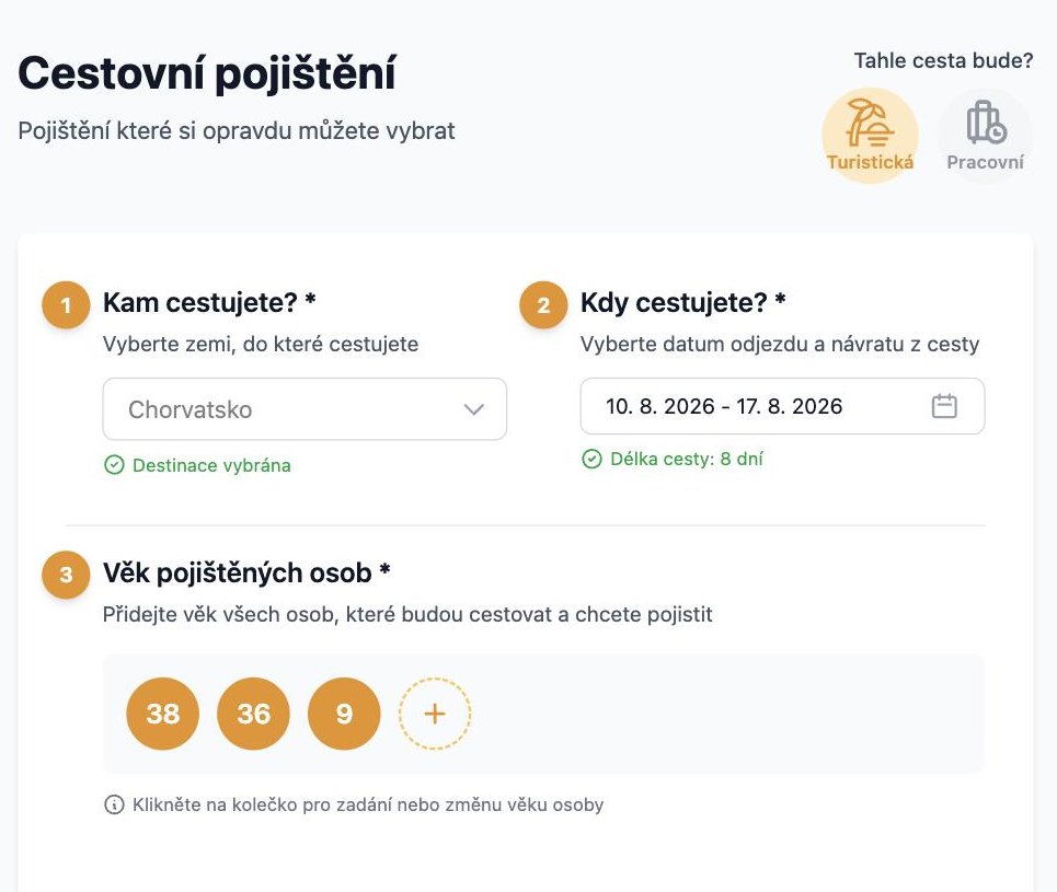 Zadání destinace, termínu a věku cestujících v kalkulačce VIAS
