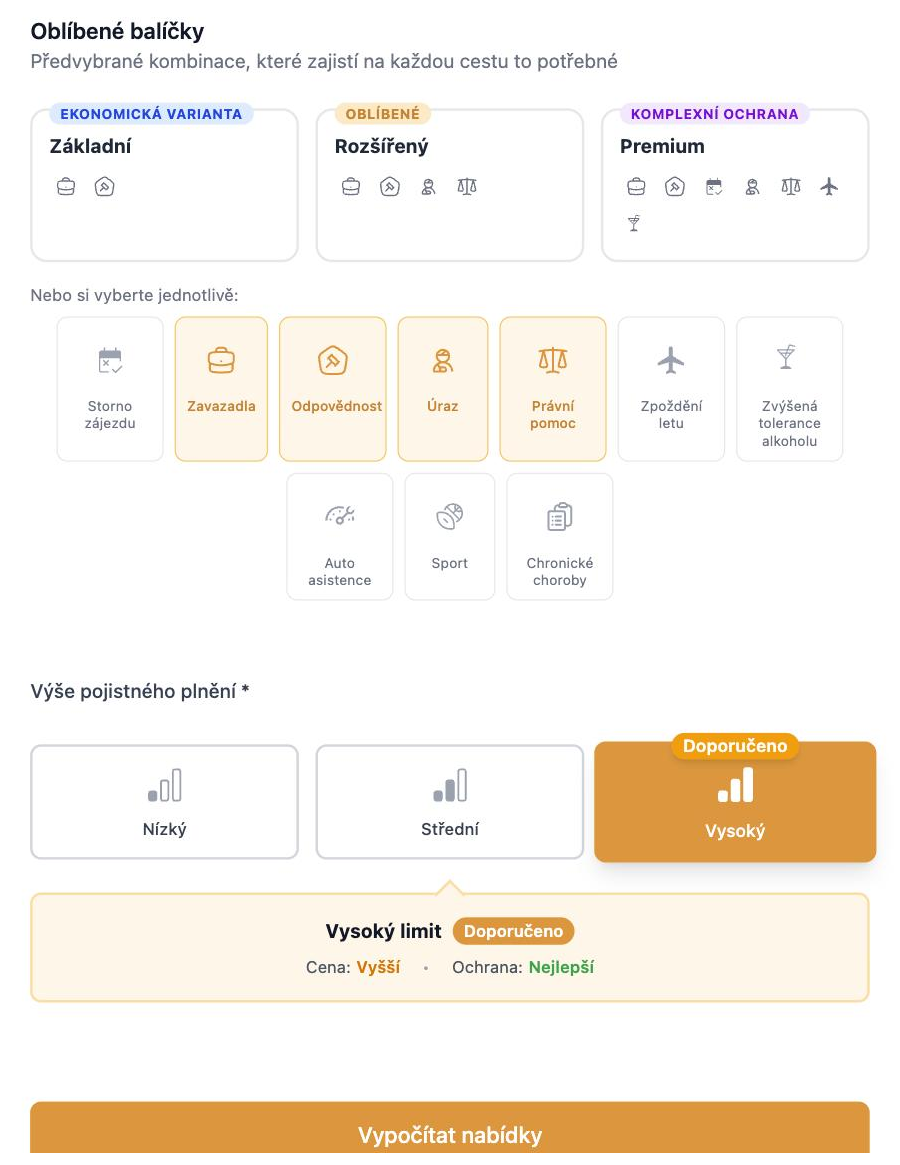Výběr balíčků připojištění a výše pojistného plnění v kalkulačce VIAS
